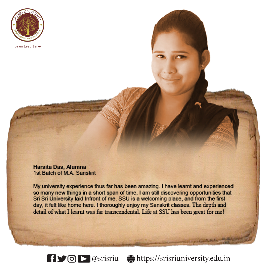 SriSriU's tweet photo. Our Alumna Harsita Das is among the first batch students of MA in Sanskrit. Hear what she has to share about the university and @ssudsans.
#SSUSpeaks #LifeAtSSU #SanskritAtSSU https://t.co/bSQFhN8yoJ