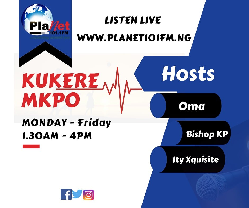 Planet_101FM's tweet photo. Join us Live now On KukereMkpo show, #LiveOnPlanet101.1fm
#KukereMkpo #LiveOnAir 📻 #TuneIn👉Planet101.1fm #ListenToKukereMkpo With🎙️@oma_oma_jude x @bishopkp
Weekdays (Monday-friday) from 1:30pm-3pm on planet101.1fm Uyo.
#RadioLiveStream #PlanetRadio #RevolvingAroundYou https://t.co/aFNTvyn0i6