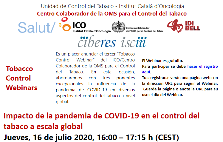 👉Tobacco Control Webinar: Impacto de la #pandemia de #COVID19 en el control del #tabaco a escala global. Jueves, 16 de julio 2020, 16:00 – 17:15 h (CEST). Inscripción gratuita:docs.google.com/forms/d/e/1FAI… Organiza <a href="/TobControlUnit/">Tobacco Control Unit (ICO-IDIBELL)</a> . @ICOnoticies <a href="/idibell_cat/">IDIBELL</a>