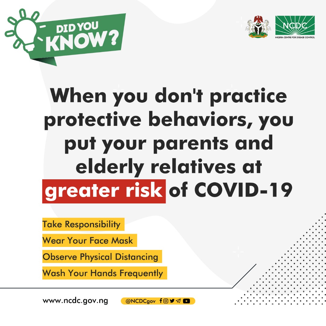 When you don’t practice preventive behaviours, you increase the risk of #COVID19 spread to your parents & the elderly Protect your loved ones & adhere to recommended measures; *Observe physical distancing🧍‍♀️ 🧍 *Wear a face mask😷 *Wash your hands frequently🧼