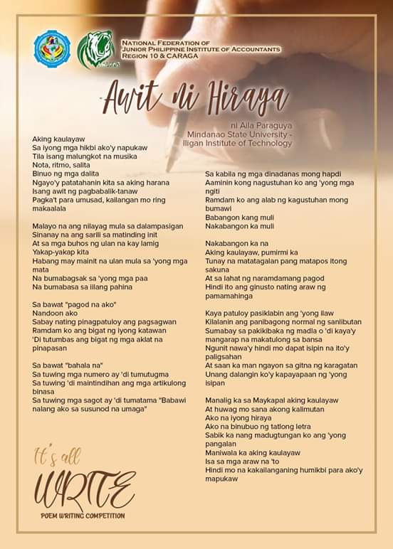 NFJPIA10CARAGA's tweet photo. Entry Number 4 for the It’s All Write: Poem Writing Competition.
Title: Awit ni Hiraya
Name: Aila Paguraya
School: Mindanao State University- Iligan Institute of Technology
https://t.co/tMAmVVwDtb
#ItsAllWrite
#Quaranthings
#Salire
#RFJPIA10CARAGA https://t.co/cnONBYFBnn