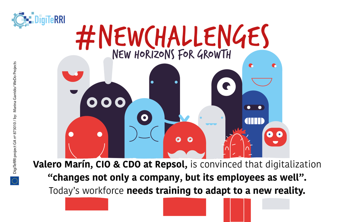 digiTeRRI's tweet photo. Valero Marín, CIO & CDO at Repsol, is convinced that digitalization “changes not only a company, but its employees as well”. Today’s workforce needs training to adapt to a new reality.#H2020 #CitizenScience #RRI #industrialdigitalization #smartindustry #HumanTechnologyInteraction https://t.co/qjWKgwDe7I
