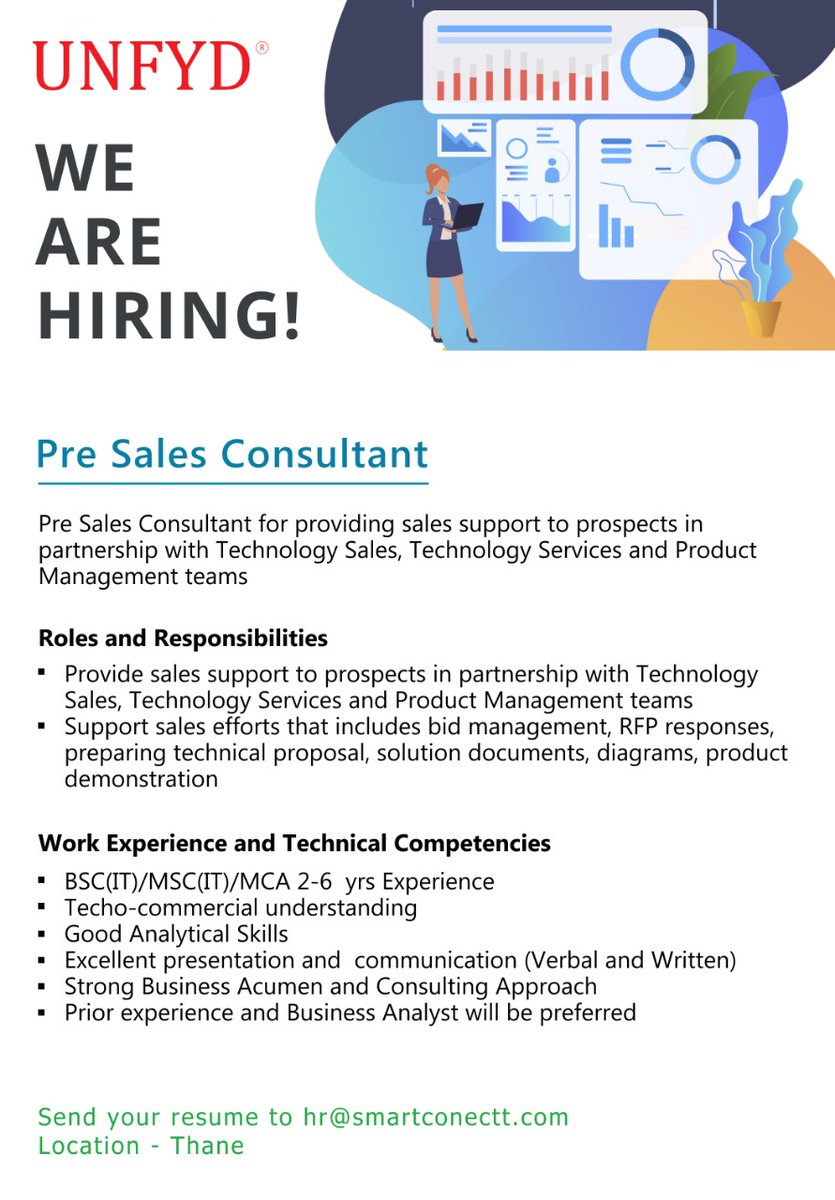SmartConnectTechnologies #hiring #PreSalesConsultant #TechnologySales #InsideSales #ConsultingSales Location: #Thane Apply at: hr@smartconnectt.com