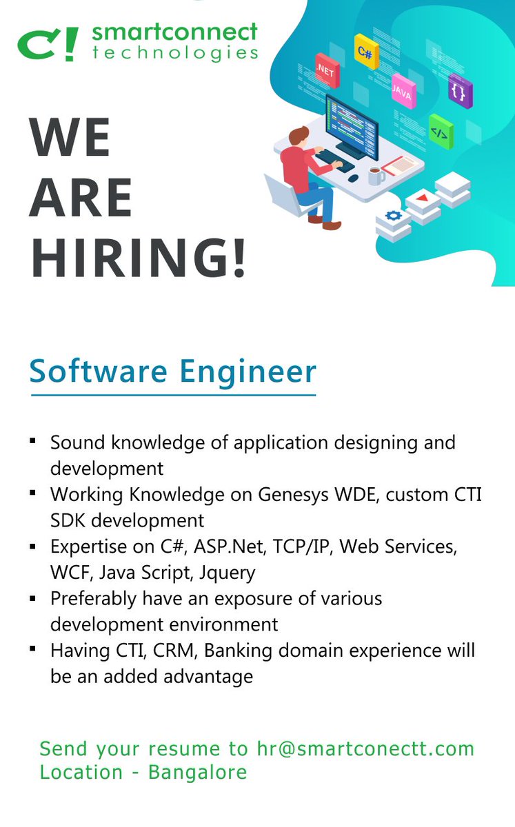 UNFYDCOMPASS's tweet photo. #SmartConnectTechnologies #hiring #SoftwareEngineer
Skills : #Genesys #WDE #custom #CTI #SDK #development.
#C# #ASP.Net #TCP/IP, Web Services, #WCF, #Java Script, #Jquery
Location: #Bangalore #Bengaluru Apply at: hr@smartconnectt.com https://t.co/58hpn8ijd0