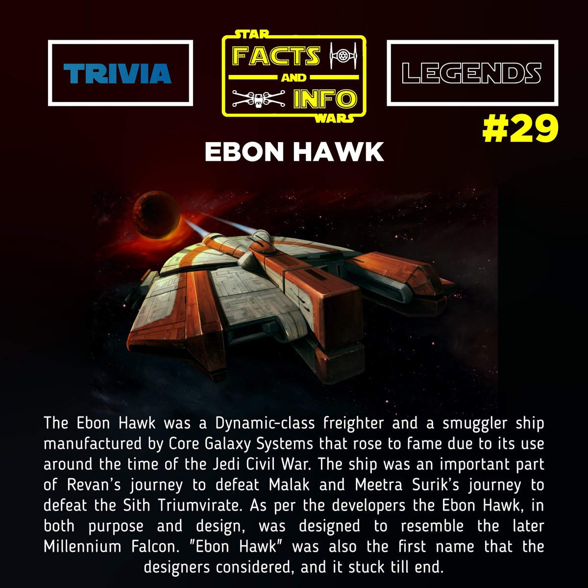 swfactsandinfo's tweet photo. Ebon Hawk
#starwars #starwarsfact #swfact #starwarsinfo #swinfo #swtrivia #knightsoftheoldrepublic #kotor #swtor
#jedi #sith #sithlord #darthnihilus #darthsion #darthtraya #sithtriumvirate #revan #jediknightrevan #darthrevan #darthmalak #bastilashan #meetrasurik #ebonhawk https://t.co/h0PrLXSP1N