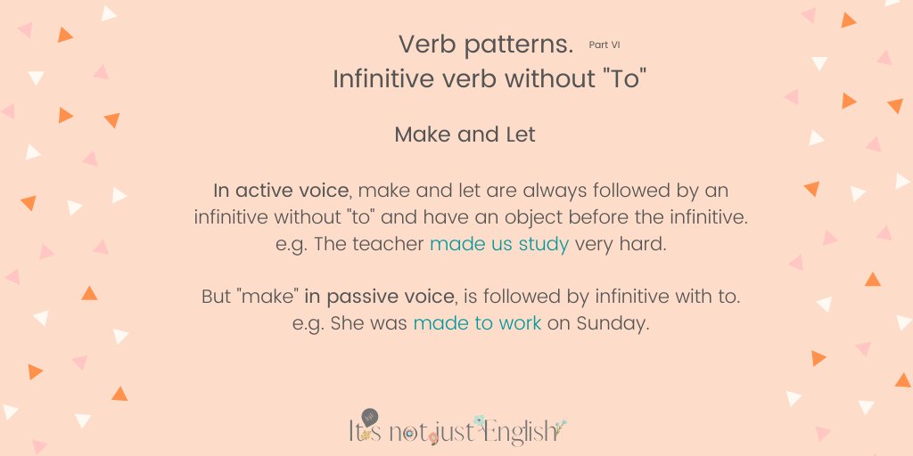 ItsnotjustEngl1's tweet photo. Hi Mates!!
Interesting summary of verb patterns. Part VI. Infinitive without to.
*
*
#estudiar #englishmadrid #iloveenglish #moreenglish #englishlanguage #inglesgratis #rivasvaciamadrid #englishverbs #verbpattern #StayHome #learningenglish #gerund #itsnotjustenglish #infinitive https://t.co/PqYToRMlCs