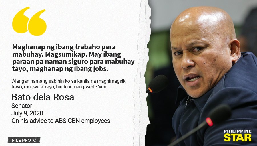PhilippineStar's tweet photo. Senator Bato dela Rosa has advised ABS-CBN employees, who are at risk of losing their jobs due to the non-renewal of their network’s franchise, to look for other jobs so they may be able to provide for their family. https://t.co/kAX73c1xPT