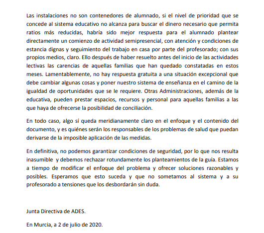ocrmurcia's tweet photo. Duro comunicado de los directores de los institutos de la región de Murcia. "Afrontar la crisis a coste cero es imposible. Necesitamos recursos". Los alumnos (30 ó 35 por aula) tendrán que llevar las mascarilla durante 6 horas al día cinco días a la semana. "Será inaguantable" https://t.co/JXDHltDtEF