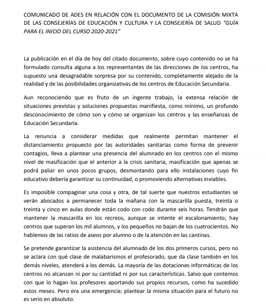 ocrmurcia's tweet photo. Duro comunicado de los directores de los institutos de la región de Murcia. "Afrontar la crisis a coste cero es imposible. Necesitamos recursos". Los alumnos (30 ó 35 por aula) tendrán que llevar las mascarilla durante 6 horas al día cinco días a la semana. "Será inaguantable" https://t.co/JXDHltDtEF