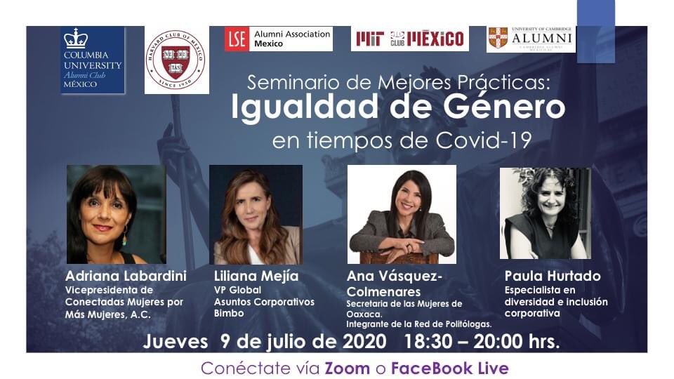 ColumbiaMx's tweet photo. Columbia Best Practices Seminar on:
GENDER EQUALITY
Thursday July 9th, 2020  18:30 hrs. Via ZOOM y Facebook live 
 @ColumbiaAlumniA Mexico 
@MxHarvard @LSEMexalumni #Cambridge  #MIT

@paulosfera @lilianamejiac @LabardiniA @anavasquezc 
@EPrietoFlores @alexosorioc https://t.co/IYAegQT980