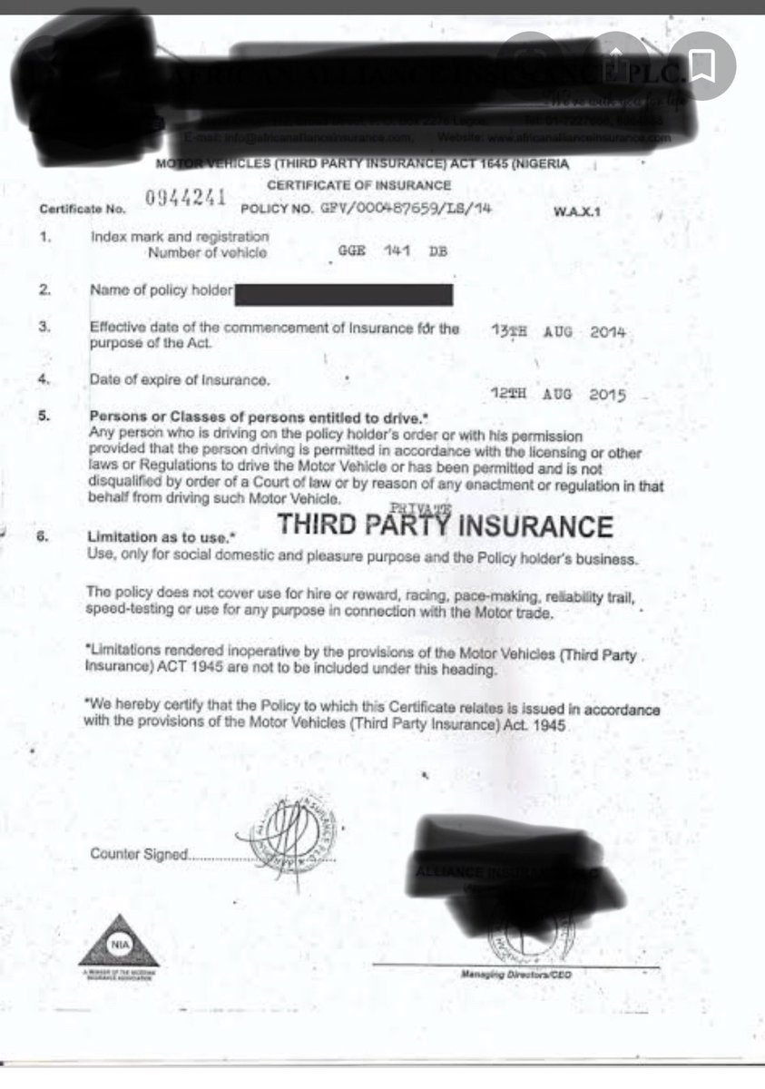 lizieshef's tweet photo. Ever looked at this 3rd party insurance paper you receive as part of your car license renewal docs as useless?
Well, this paper is worth up to N1 million in claims for accidental damage you cause to other peopleโs car/property
Let me explain /longthread #financialtipthursday https://t.co/tLwCNYKR4d
