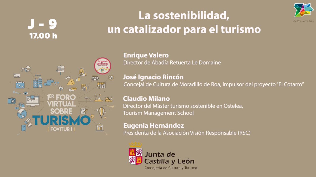 CyLEsVida's tweet photo. Foro Virtual sobre Turismo 'FOVITUR'
Hoy a las 17:00 h 'La sostenibilidad un catalizador para el turismo'
Programa completo 📙: https://t.co/ouUP13hSn6
Inscripciones: 👉https://t.co/BGDPstKgYB
Streaming: https://t.co/eVwZkeSCyz
#️⃣: #Fovitur #Sostenibiidad_CyL https://t.co/9EsPSjugmC