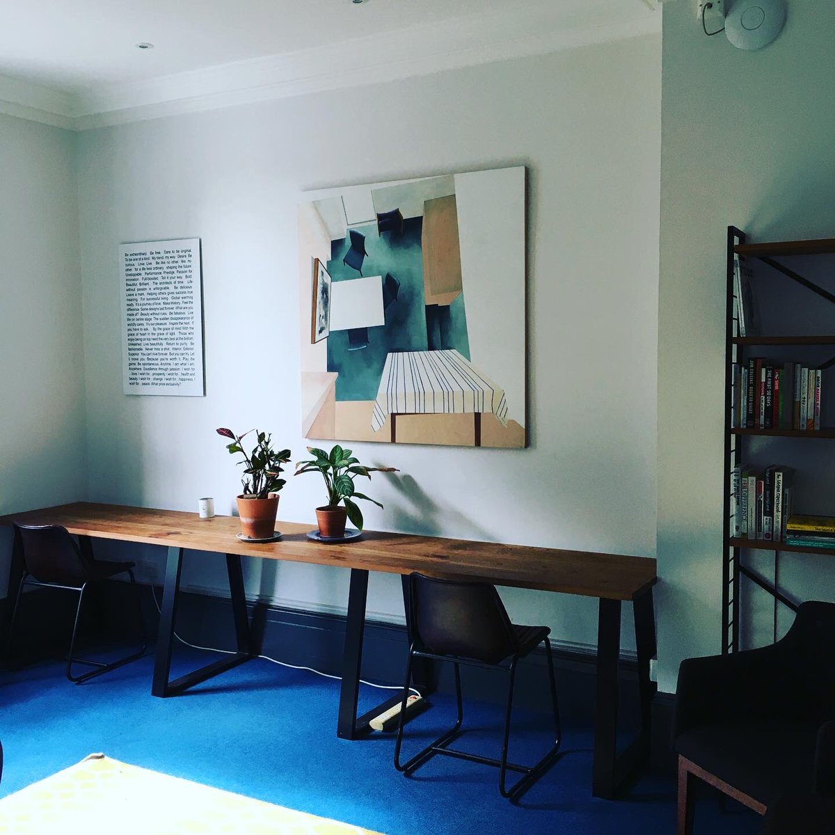 We’re adding a curated selection of original artworks to our walls to create a stimulating and thought-provoking environment for members. This new painting in the library is by Russian-born local artist @dinavarpahovsky #forcuriousminds #workshopwinchester #coworking