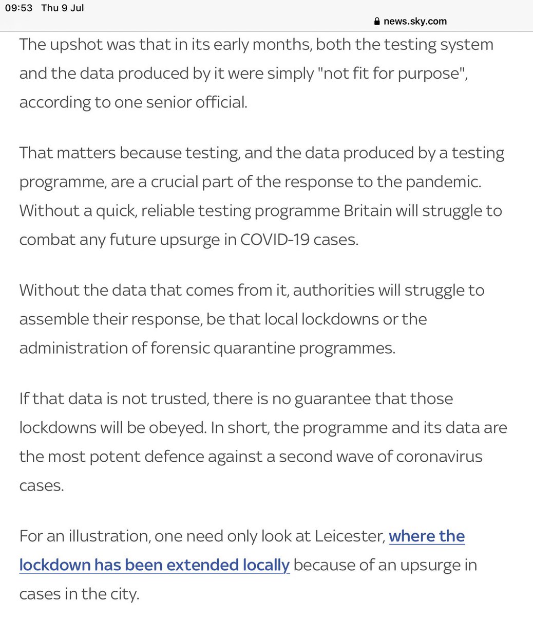 6/ Key officials did not have the data needed to track down flare ups really early.As with Manchester, Liverpool and Leicester.Yet that is one key purpose of testing. Find it early. Hunt it down early.  Support & enforce isolation.Break the chain of transmission.
