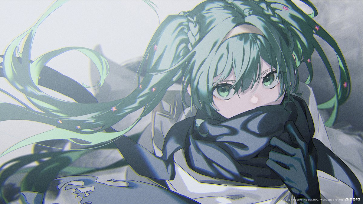 hatsune miku 1girl solo gloves twintails scarf long hair black gloves  illustration images