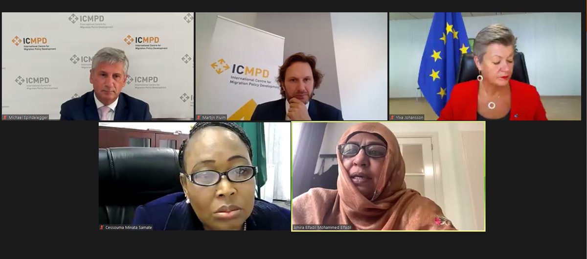 ICMPD's tweet photo. Important discussion on “COVID-19 and the future of the AU-EU partnership on migration and mobility”
 with @AmiraDSA @MinataSAMATE @YlvaJohansson @pluimm &amp; Amb. Brigitte Markussen @eu_eeas 

👉Follow-up here: https://t.co/FPhHacgxiT https://t.co/s1E3dAiFy8