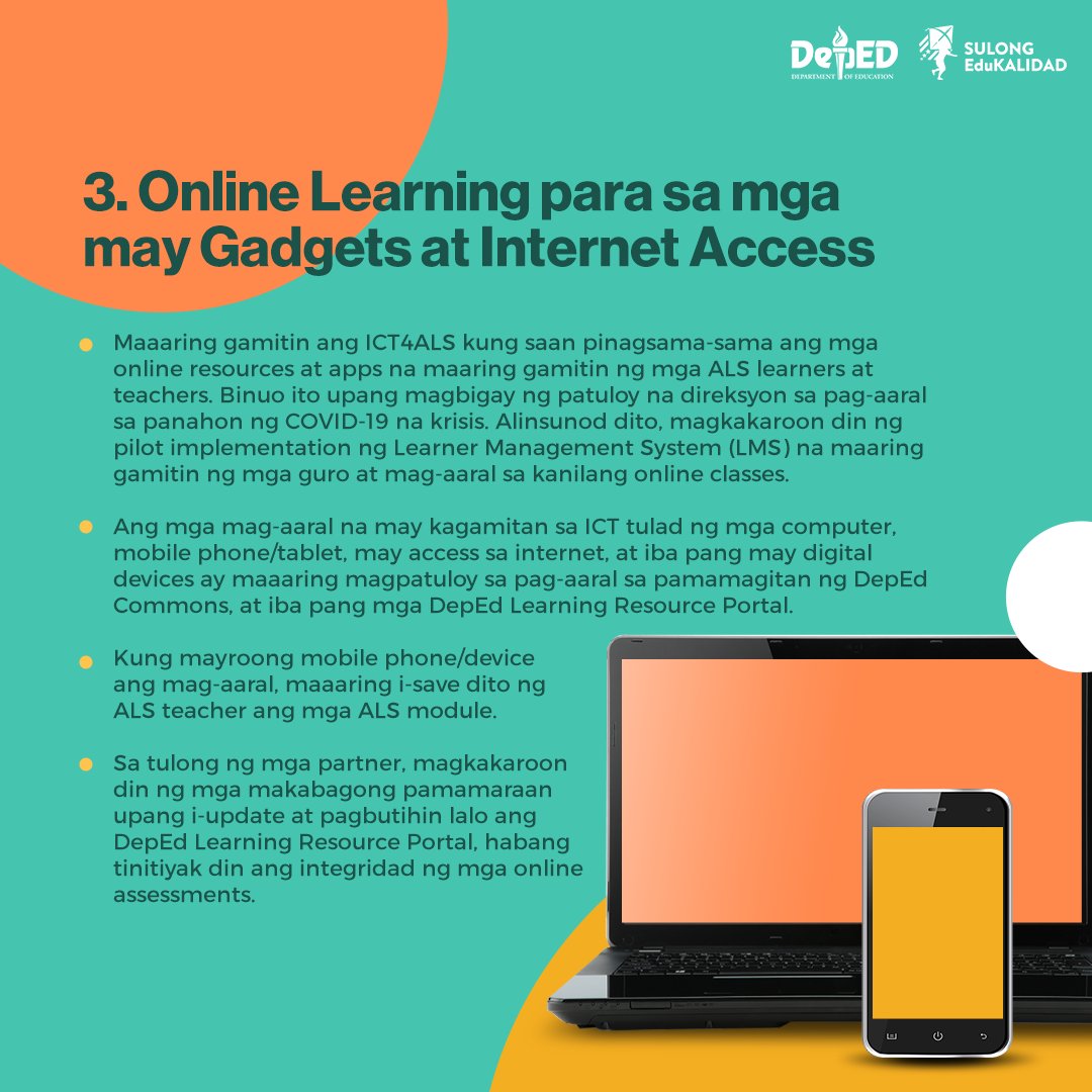 DepEd_PH's tweet photo. Pinaghahandaan ng DepEd ang muling pagbabalik-eskwela ngayong taon. Ito ang ilan sa mga learning delivery option na angkop sa pag-aaral sa ALS. 

#SulongEduKalidad #DepEdBayanihan #DepEdPhilippines #DepEdTayo https://t.co/XDaNsPd69g