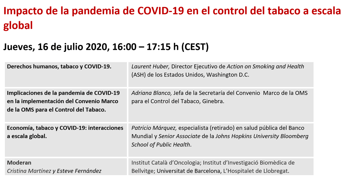 📲NUEVO WEBINARIO Impacto de la pandemia de COVID-19 en el control del tabaco a escala global @ICOnoticies con <a href="/LaurentHuber/">Laurent Huber</a> <a href="/AshOrg/">ActionSmoking&Health</a> @FCAforTC <a href="/BlancoMarquizo/">Adriana Blanco Marquizo</a> <a href="/FCTCofficial/">WHO FCTC</a> @pvmarquez1956 <a href="/WorldBank/">WorldBank</a> 
📅Jueves 16.07.2020, 16:00 – 17:15h (CEST)
✏️Registro en docs.google.com/forms/d/e/1FAI…