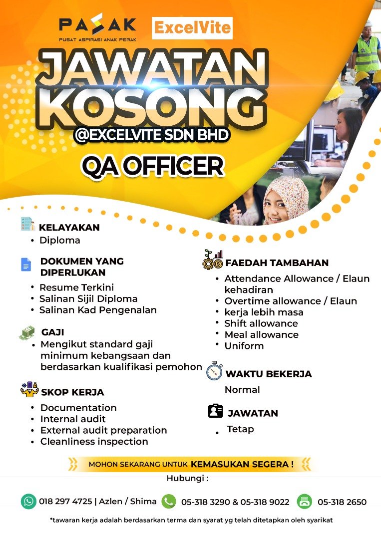 perakpasak's tweet photo. JAWATAN KOSONG
EXCELVITE SDN BHD
UNTUK MENDAFTAR;
⏺️ Sila klik link : https://t.co/mxBXENiQCX
⏺️ Sebarang pertanyaan lanjut sila hubungi PASAK ditalian 018-297 4725 (Isnin - Jumaat jam 9.00 pagi - 5.00 petang)
#EXCELVITE
#PASAKPerak
#JawatanKosong
#Perak
#Malaysia https://t.co/lqzk86JfBo