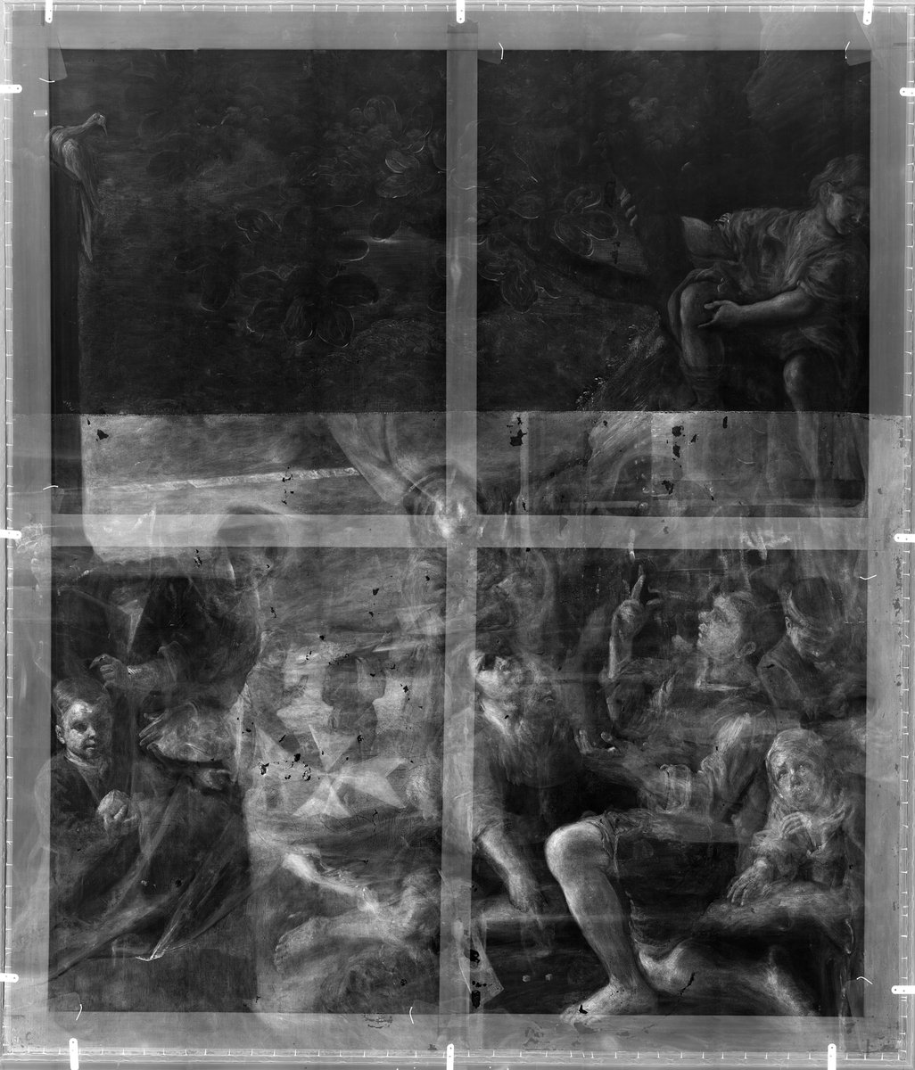 museodelprado's tweet image. La radiografía de la obra "Niños jugando a los dados", pintada por Pedro Núñez de Villavicencio a finales del siglo XVII es sorprendente. Por una parte, revela la presencia de una banda añadida en la parte superior. Hoy sabemos que fue pintada años después por Luca Giordano