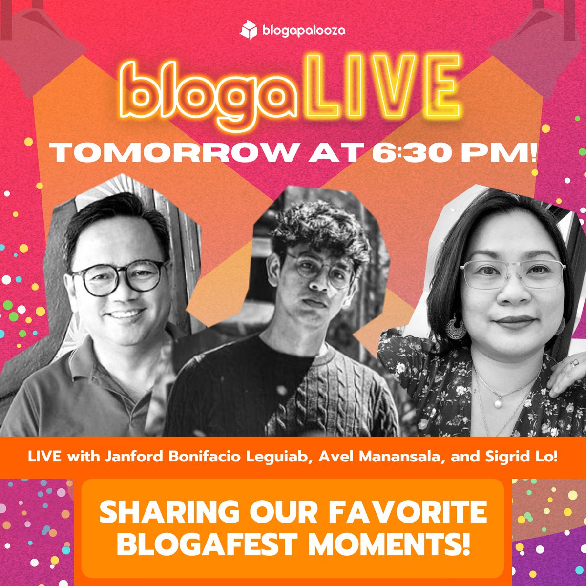 blogapalooza's tweet photo. Catch our BlogaFam kwentuhan with Janford of Tuguegarao, Avel of General Santos City, and Sigrid of Bacolod on our #BlogaLIVE tomorrow on Blogapalooza's FB page at 6:30 PM as they share their favorite #BlogaFest moments! 🧡😊 https://t.co/4OGki7j3cV