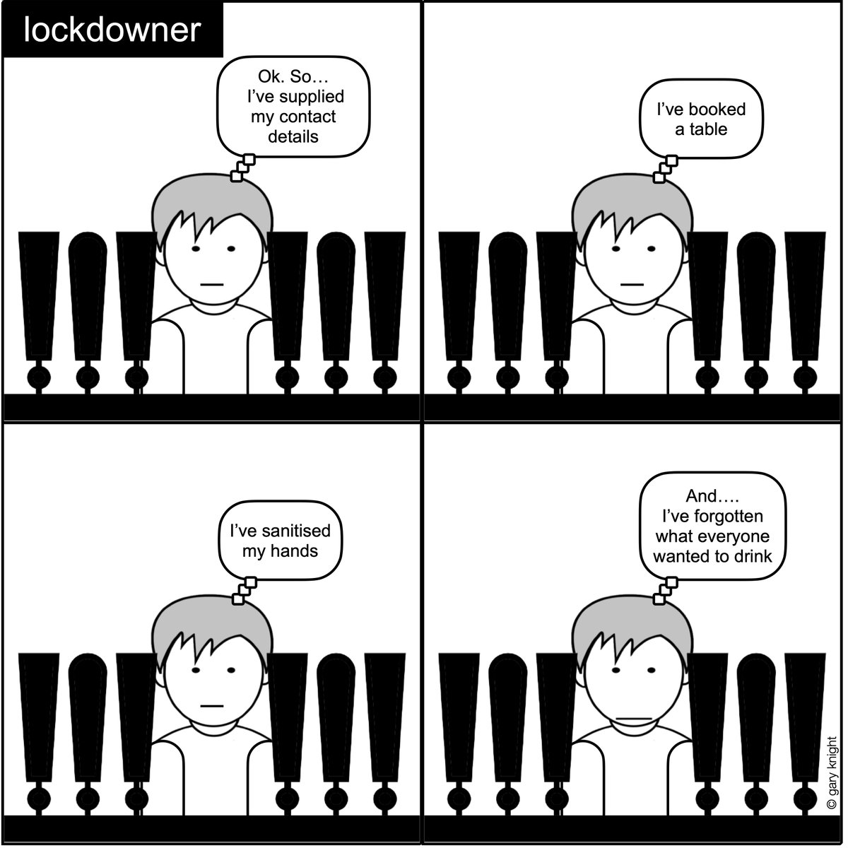 garylebone's tweet photo. Pubs. The New Normal.
#lockdowner #lockdown #lockdownlife #coronavirusuk #lockdownuk #comics #comicstrips #Covid19UK #ComicsForQuarantine #humour #cartoons #StayAlert #pubs #beer #wine #spirits #PubsOpening #PubsReopening #WelcomeBackPubs #EnjoySummerSafely https://t.co/OMUBaB9pzR