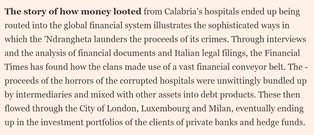 ChloeNCornish's tweet photo. How the mafia infiltrated Italian healthcare - then sold the hospitals' debts to bankers across Europe. 

Electrifying story by @MilesMJohnson, revealing the Calabrian crime clan's transformation from goat farmers to financiers. Best I've read all year. 

https://t.co/qtmBLs9S0y https://t.co/JJvD1N7OZM