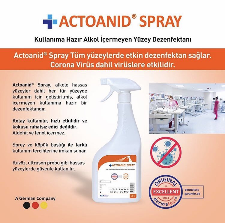 bonomedikal's tweet photo. Actoanid Spray Tüm yüzeylerde hızlı etkin dezenfektan sağlar. Corona Virüs dahil virüslere etkilidir.
#bonomedikal
#actopharma
#actoanid
#actoanidspray
#corona
#coronavirus
#yüzeydezenfektanı
#surfacedisinfectant https://t.co/L9GnSl6xtb