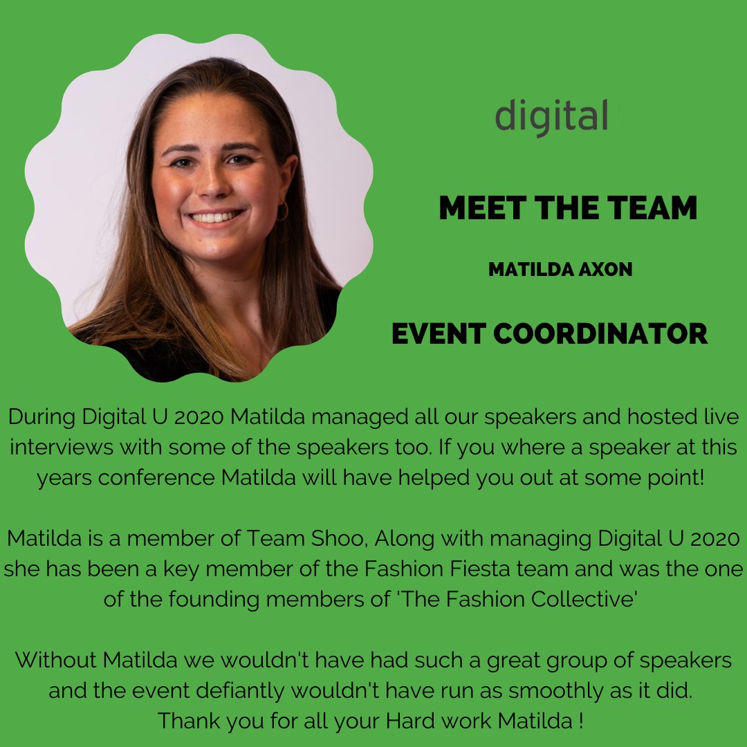 DigitalU_'s tweet image. MEET MATILDA!

Matilda is our Event coordinator, she took charge of all 18 of our speakers and made sure they had everything they needed for their webinars. Thank you for all your hard work Matilda!

Be a part of Digital U 2021! - mtr.cool/vgsitphmzw

#Confrence
