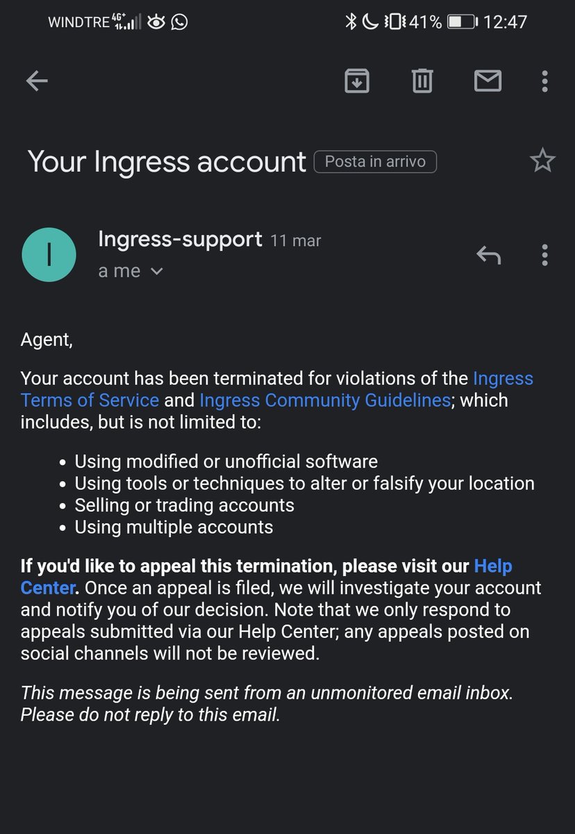 Fabio191519's tweet photo. After 4 mouths I still can't receive a reply from a human, only bots, none of the mentioned violations were a thing for me and I got wrongly banned. I really want to talk with a real human support. @NianticLabs @ingress @NianticHelp https://t.co/jYjLYRUlAO