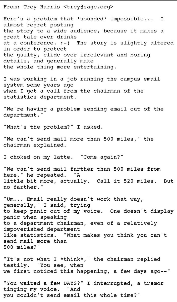 AlecStapp's tweet photo. “We can’t send email more than 500 miles.”

A funny story from 2002. https://t.co/ov1zDGQDur