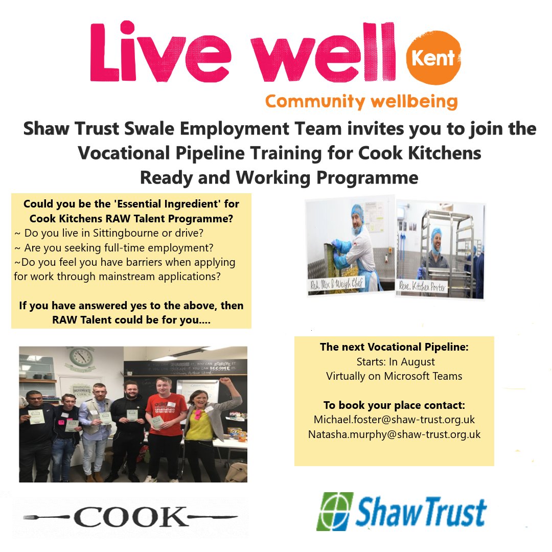 shawtrustwell's tweet photo. Exciting news! Our #LiveWellKent Employment Team in #Swale are offering free training for the Cook Kitchen RAW Talent Programme starting in August.
Contact the team today to find out more and book your place.
#CookKitchen #RAWTalent https://t.co/D68lVNfLkr