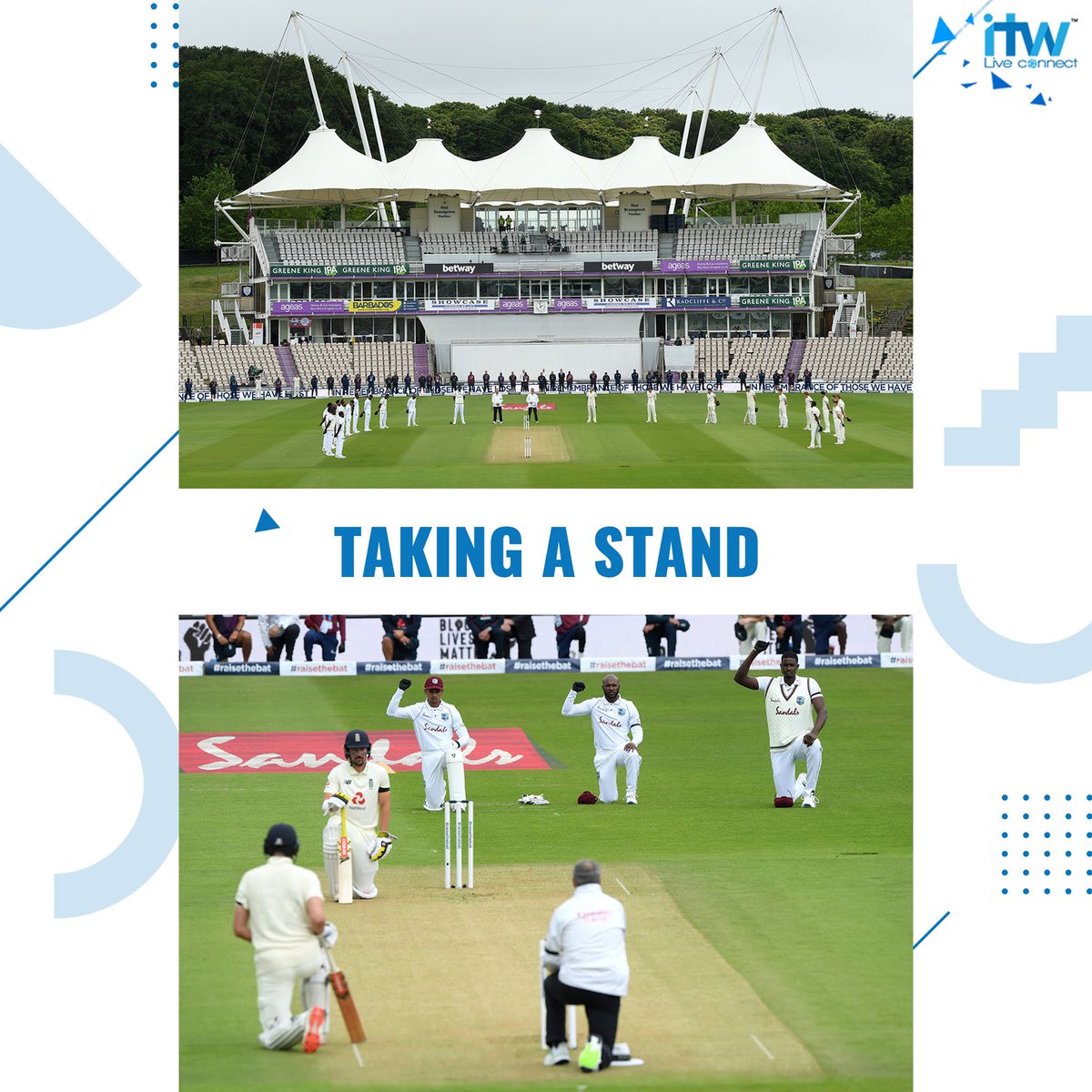 ITWSports's tweet photo. Just before the first ball was bowled in Test Cricket's return, both @englandcricket &amp; @windiescricket players along with the umpires took a knee in support of the #BlackLivesMatter movement. #ITWSports #Cricket #TestCricket #ENGvWI #England #WestIndies #TestCricketisback #sports https://t.co/YrgFBdFcq3