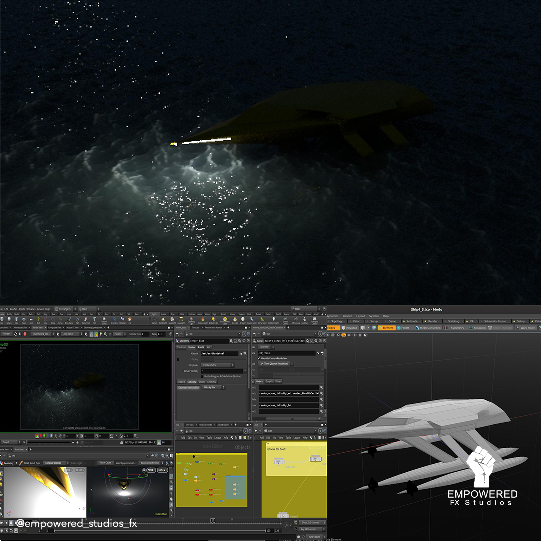 PierreJamesM's tweet photo. Couldn't be happier with how our #supercavitation ship is developing in the Houdini scene set up yesterday. Here's a peek at a shot from a chase sequence currently being created.

#sidefxhoudini #actionmovie #scifimovie #scalemodels #3d #vfx #3dmodelling #houdinifx #mari #nukex https://t.co/w4WlTaexe0