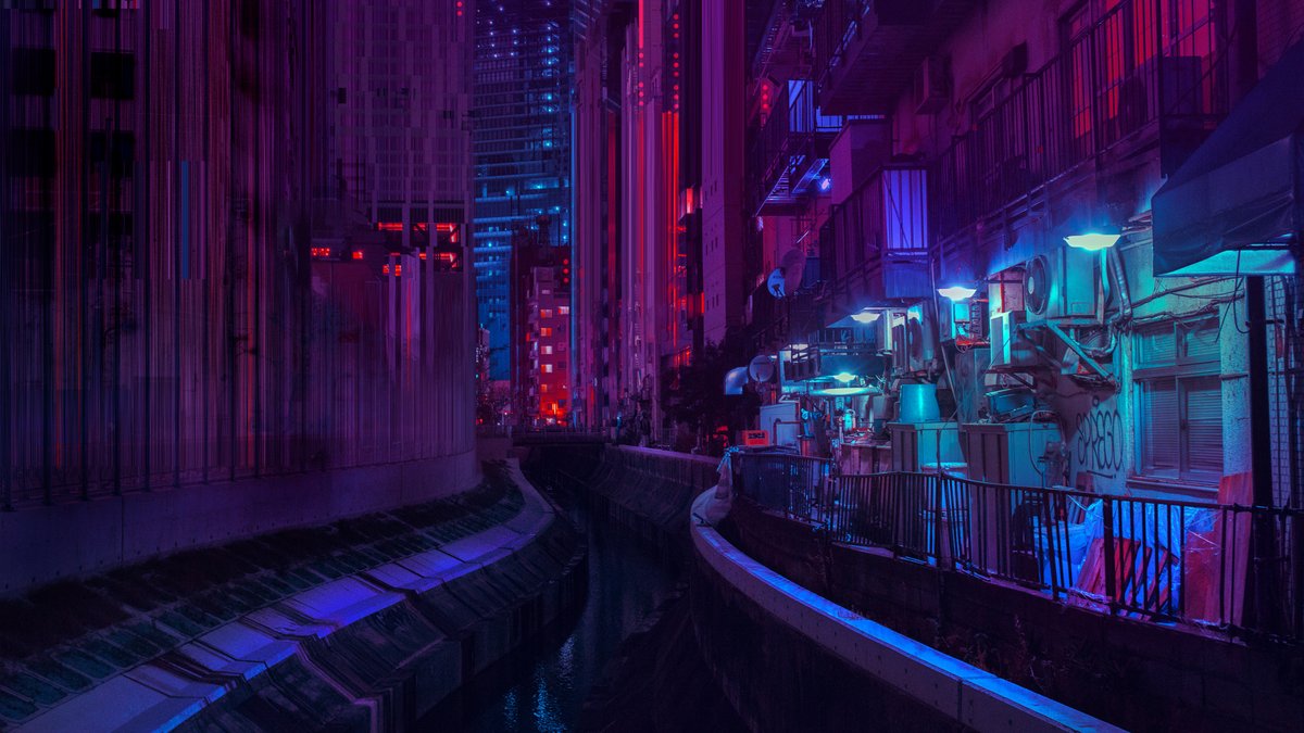 Images from Liam Wong's art and photography book of Tokyo at night. An abstract take on Shibuya river. It is red, pink and purple in hue with glitched buildings.