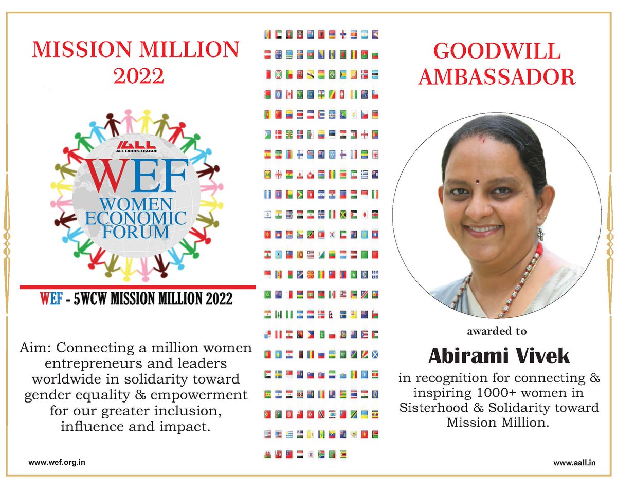 million_india's tweet photo. Congratulations to our Soul Sister Abirami Vivek for empowering the Mission Million as it’s Goodwill Ambassador, connecting 1000+ sisters. You too can join us as Goodwill Ambassador to WEF-Mission Million. Email us for details at dg.mm@wef.org.in

#MISSIONMILLION #WEF #ALL https://t.co/Zf5f6zawjV