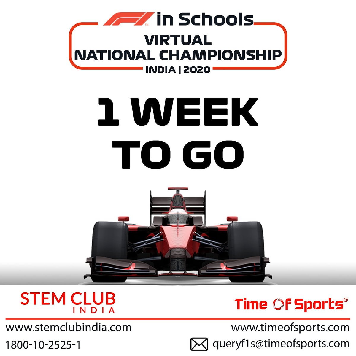 F1 in Schools India Virtual National Championship 2020
1 WEEK TO GO
All the best to the participating teams.
#f1inschools #f1inschoolsindia #timeofsports #thegamebegins #stemclubindia #stemeducation #allthebest #goodluck #science #7days #cars #stemchallenge #challenge