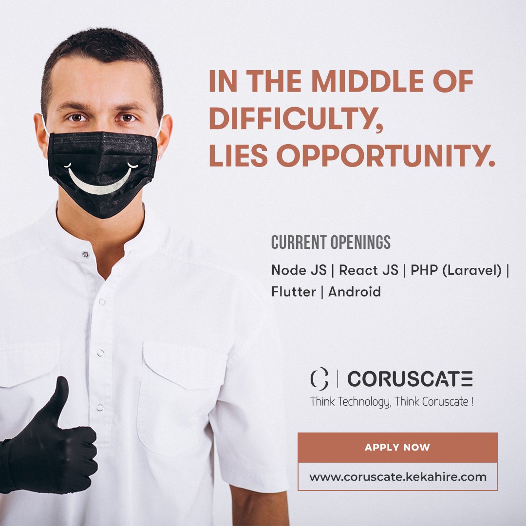 coruscatesol's tweet photo. Choose joy, choose happiness, choose to shine -  even during the crisis!

We are hiring virtually, Grab the opportunity by staying at your home.

Current Openings: Node JS, React JS, PHP (Laravel),  Flutter, Android. 

Apply Online at https://t.co/lR2kEoaxar

#jobs #surat #IT https://t.co/Qv6YI6ZtkC