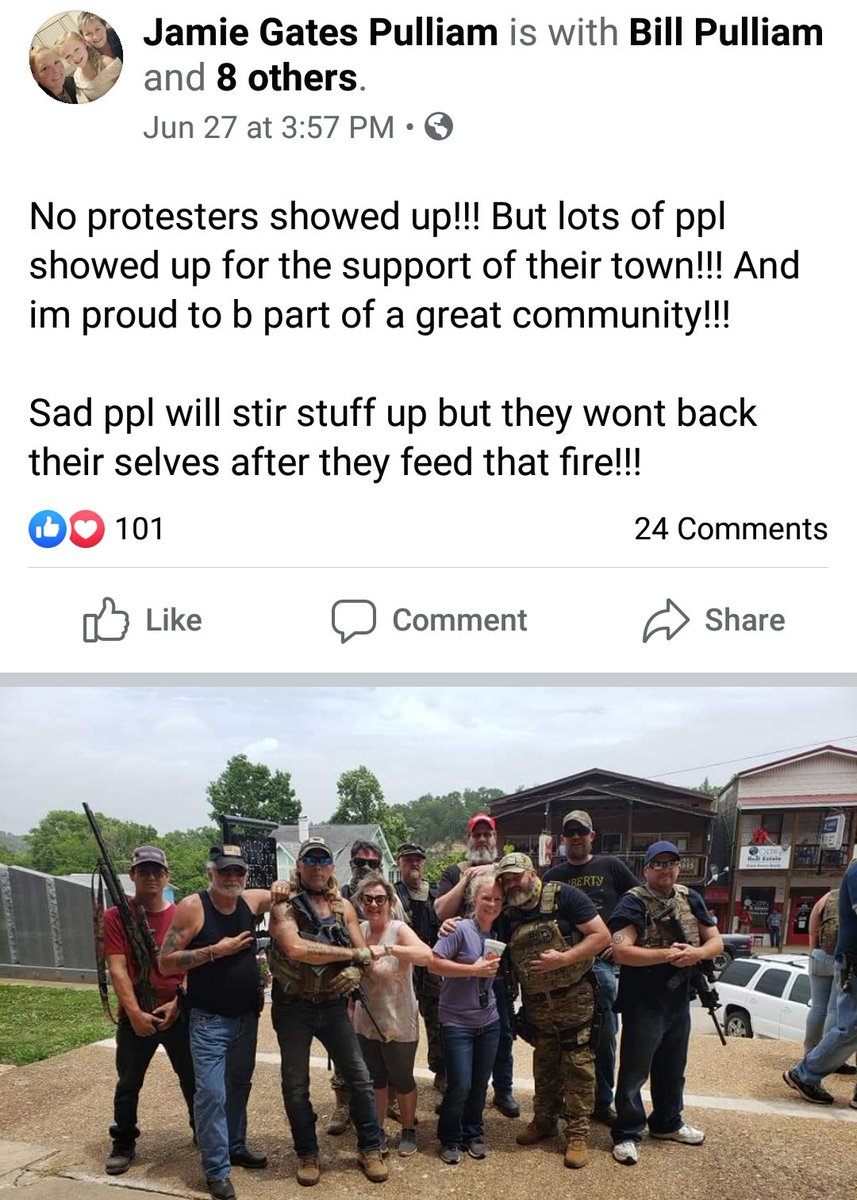 Last month, he told followers that BLM & Antifa were coming to nearby Eminence, MO, population 400, on June 27. They, of course, never showed up. But dozens of armed BLM opponents did. Sniper positions were even set up on the roof of the Eminence courthouse. 6/