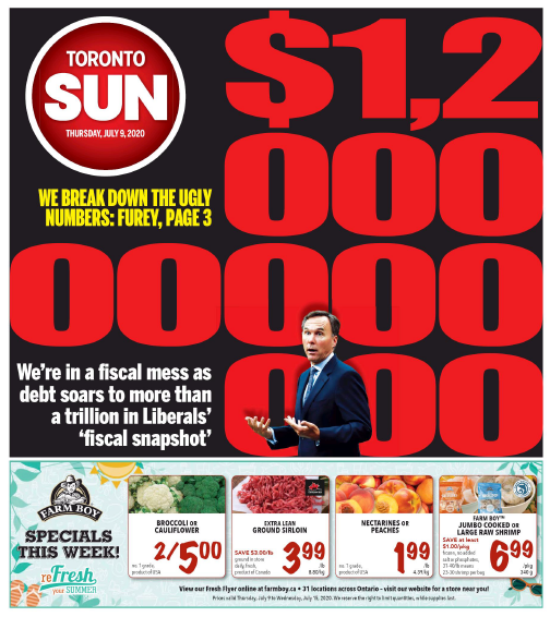 TheTorontoSun's tweet photo. UGLY NUMBERS: Canada's in a fiscal mess as debt soars to more than a trillion in Liberals' 'fiscal snapshot' https://t.co/YDJrrZUIXc Via @anthonyfurey. #cdnpoli https://t.co/9n0lZiIrvP