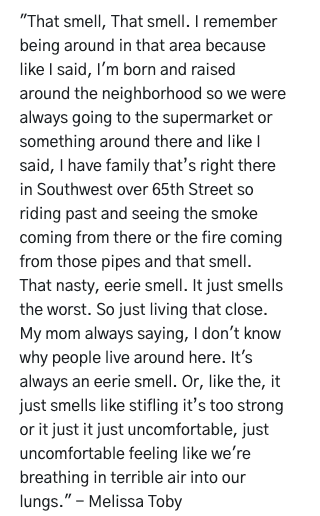 "The lower classes smell," George Orwell notoriously wrote. That's true in a whole other way. In Philadelphia's Grays Ferry neighbourhood, where a refinery *exploded* last year, citizens use odours to challenge the oil firm's claims that the air is safe  http://www.schuylkillcorps.org/items/show/309&nbsp;