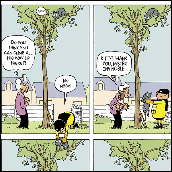 MagneticPress's tweet photo. #TheDailyPanel - "Here kitty" - climbing a tree is totally unnecessary for the incredible Mr Invincible! From #MRINVINCIBLE by  #PascalJousselin, now available from the @MagneticPress webstore, in stores July 22! https://t.co/D2RajDs3qC https://t.co/rHImjf2E5L
