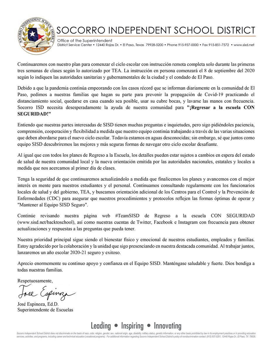 El calendario de #TeamSISD 2020-21 ha sido revisado para comenzar la instrucción el 17 de agosto. El calendario actualizado cumple con las pautas de TEA y las nuevas directivas del Dept. de Salud de El Paso, e incluye flexibilidad adicional. Lea mi ACTUALIZACIÓN a continuación.