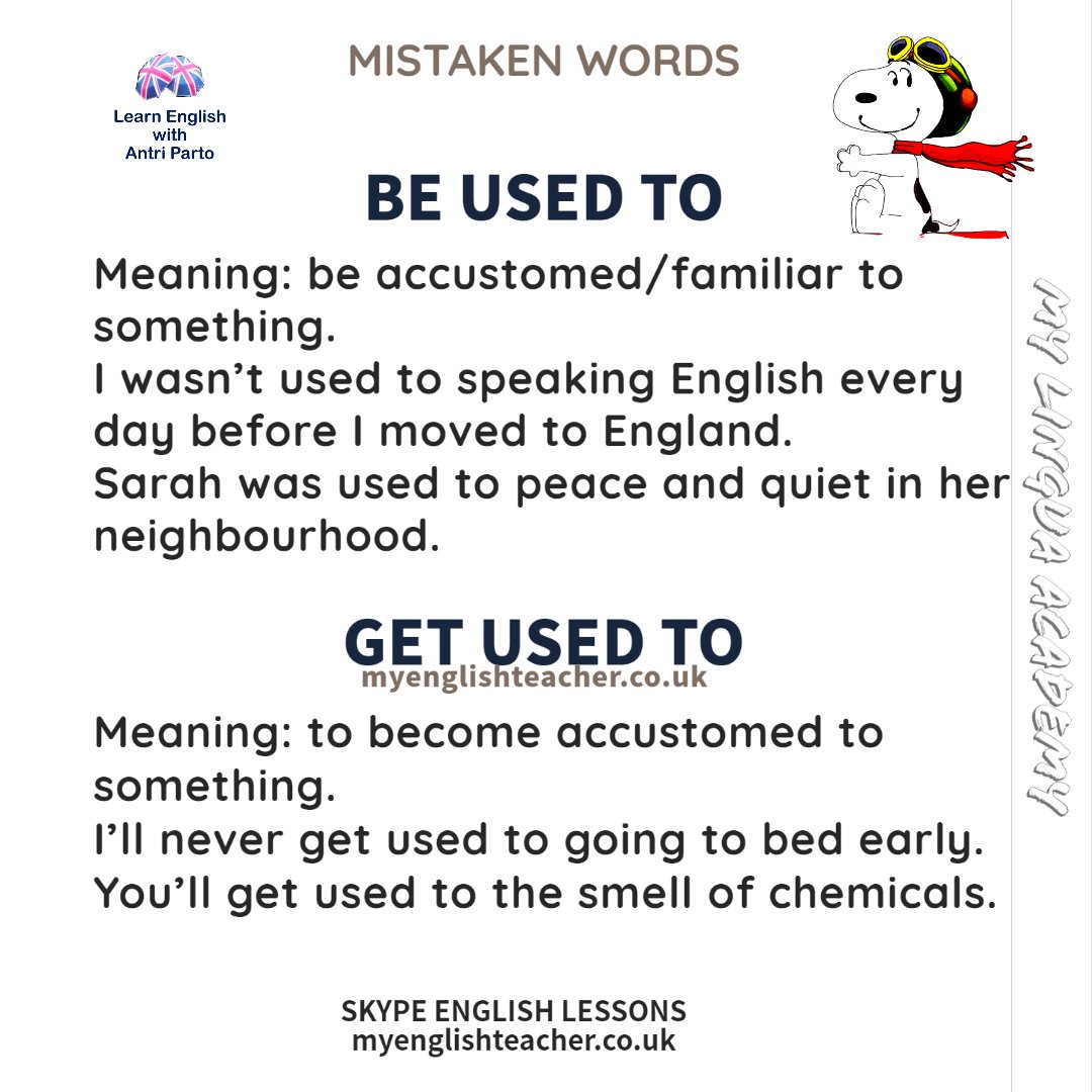 MyLinguaAcademy's tweet image. BE USED TO vs GET USED TO
myenglishteacher.co.uk
#learnenglish #learnenglishonline #skypeenglishlessons #esl #efl #businessenglish #toefl #ielts #fce #cae #practicemakesperfect