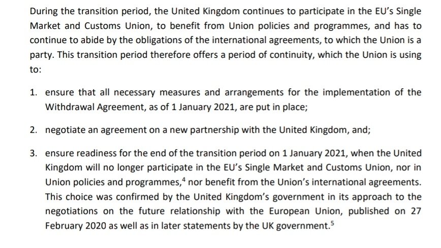 2/ The Commission points out several times that the UK government is responsible for its choice to leave the customs union and single market, as well as the refusal to extend the transition period. There's no sign of searching for an alternative way to extend that period.