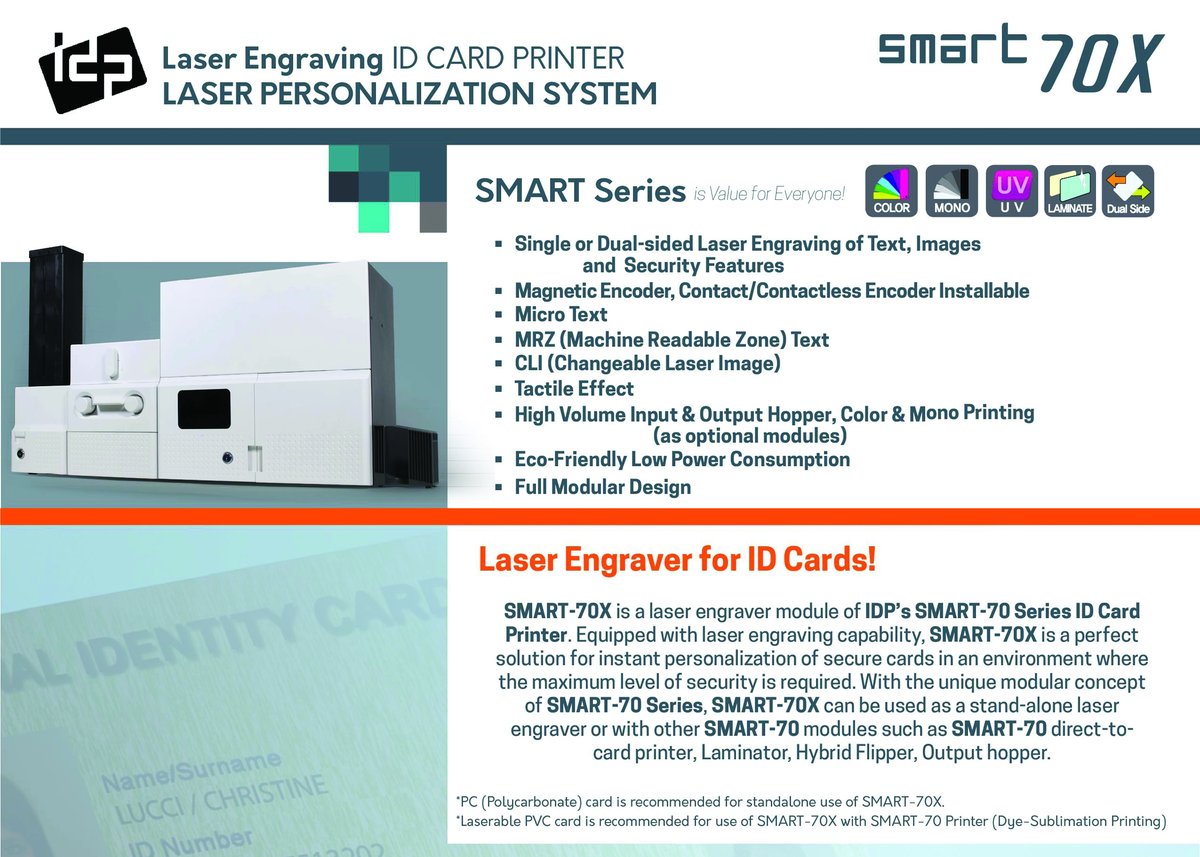 IDPCard's tweet photo. SMART-70X is a laser engraver module of SMART-70 Series ID card printer. Equipped with laser engracing capability, SMART-70X is a perfect solution for instant personalisation of secure cards in an environment where the maximum level of security is required. #idprinter #security https://t.co/g2rygEHfvR