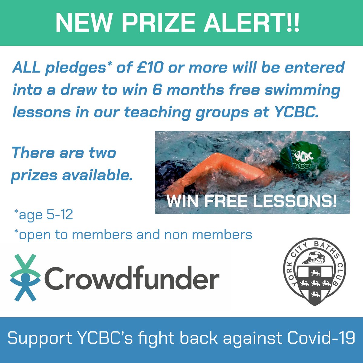 YorkBathsClub's tweet photo. We are offering 2 sets of free lessons for 6 months in a draw for anyone who pledges ยฃ10+, in addition to a great set of other prizes!
https://t.co/BqNdJheg1t
#ourpoolsareopening #freeswimminglessons #swimenglandfamilyย #ycbc #creatingchampions #york https://t.co/9fl4wLJopM