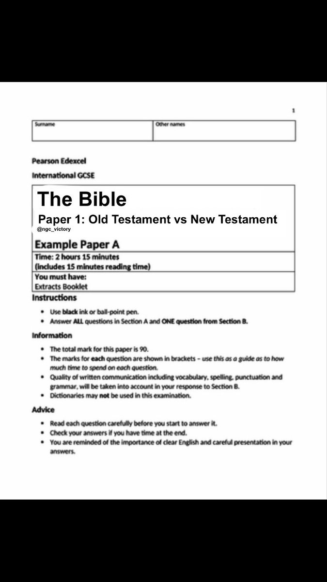 ngc_victory's tweet photo. Welcome to The Bible GCSEs. (Paper 1) You have 60 Minutes to complete this test paper. Please write your full name and centre number at the top of the paper. Any sign on cheating will lead to your disqualification. 

The time is currently 17:30 PM. You may begin... https://t.co/wfiDkPXLWz
