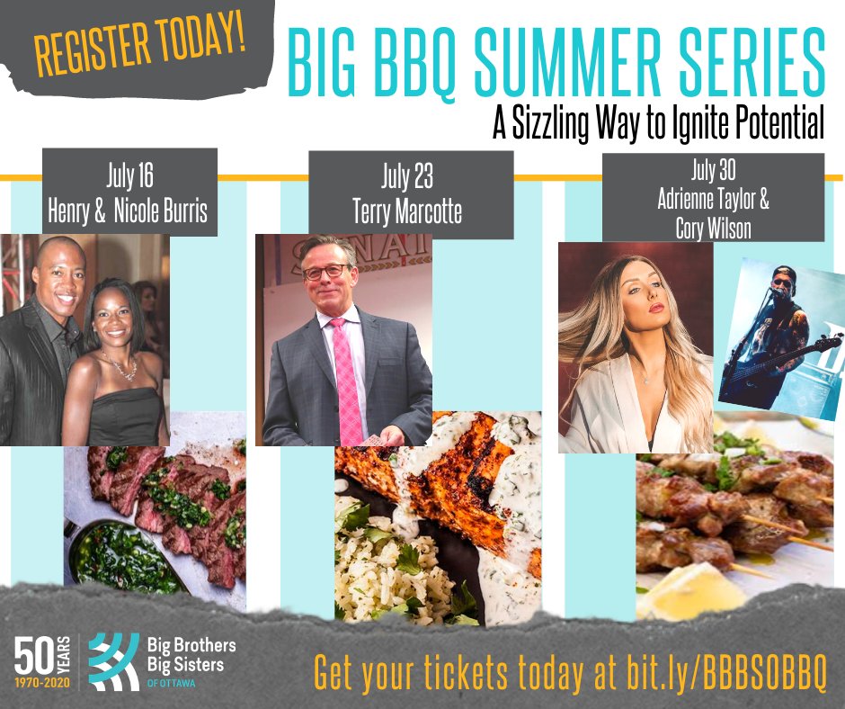 BBBSO's tweet photo. REGISTRATION is NOW OPEN! We are so excited for our BIG BBQ Summer Series virtual cooking experiences with @HenryBurris, @TerryMarcotte @AdrienneTaylor! Space is limited - register at https://t.co/2XnvoqL7Z8 today! #Ottnews #Ottcity #OttawaEvents #BiggerTogether #IgnitePotential https://t.co/PELoPleqSq