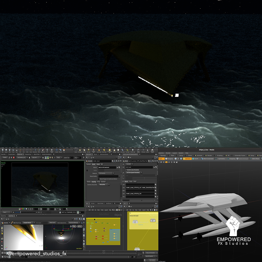 PierreJamesM's tweet photo. Setting up a shot in Houdini with our new #supercavitation stealth ship that will be in our upcoming film and scale models. Who likes action movies?

#sidefxhoudini #actionmovie #scifimovie #scalemodels #practical #3d #vfx #3dmodelling #houdinifx  #canadiantalent #canadianfilm https://t.co/1pYfU8UWaP